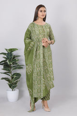 Womens Printed Viscose Rayon Straight Kurti 3-Piece Set Green Color - 3745