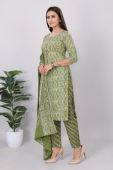 Womens Printed Viscose Rayon Straight Kurti 3-Piece Set Green Color - 3745