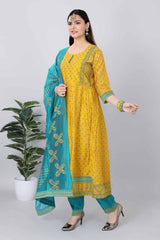 Womens Chenderi Printed Straight Kurti 3-Piece Set Yellow Color - 3831