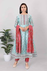 Womens Printed Straight Kurti 3-Piece Set - 3832